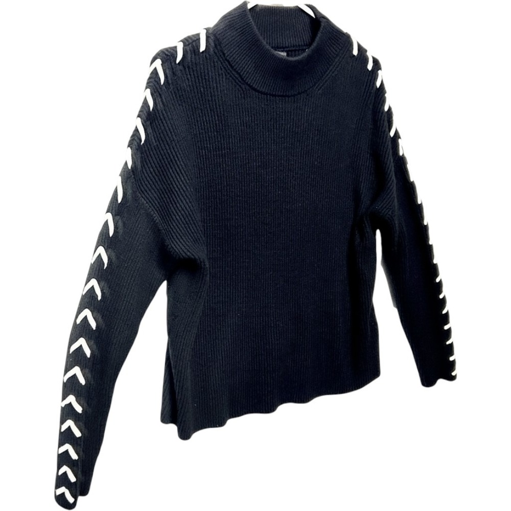 Tahari Lace Up Sleeve Sweater Womens L Mock Neck Ribbed Knit Black Goth Dollcore